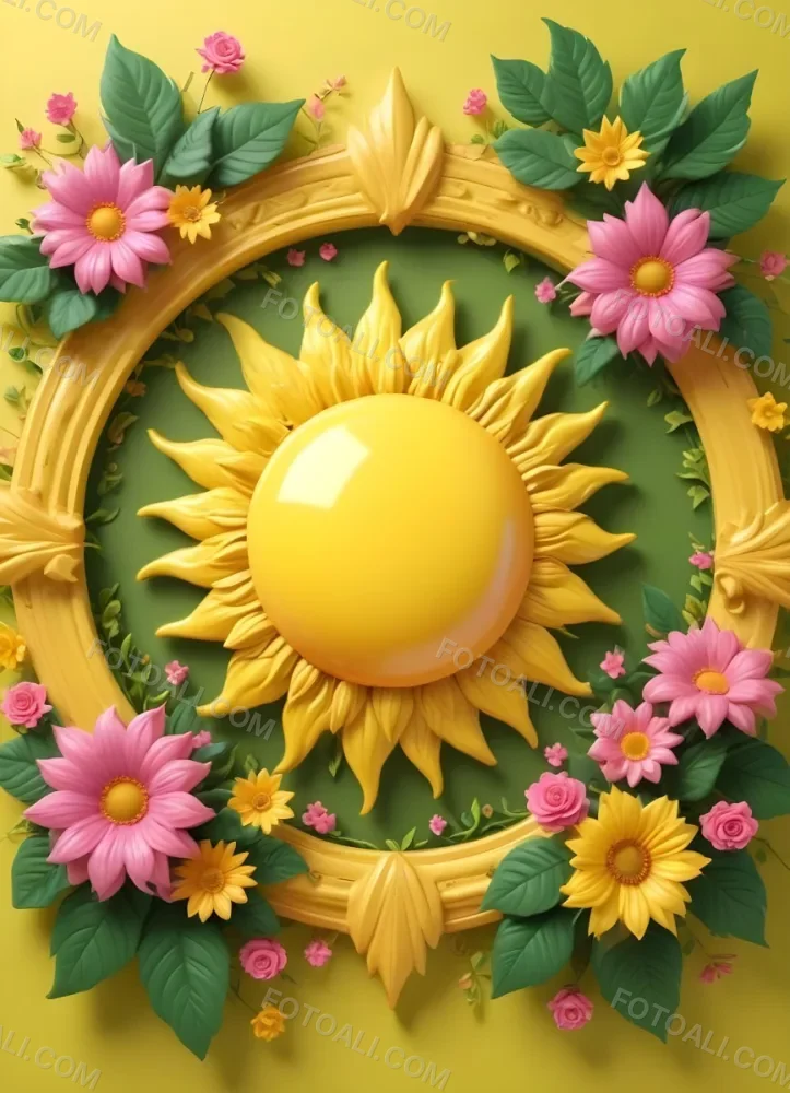 3d Model A Bright Yellow Background With A Large Sun In The Upper Center The Borders Are Adorned With Green Leaves And Pink Flowers At The Bottom Creating A Floral Frame The Center Is Empty Providing Space For Text O 45 Eafc