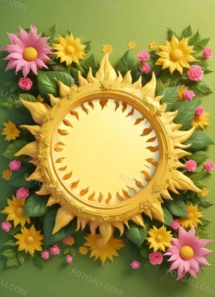 3d Model A Bright Yellow Background With A Large Sun In The Upper Center The Borders Are Adorned With Green Leaves And Pink Flowers At The Bottom Creating A Floral Frame The Center Is Empty Providing Space For Text O 46 557d