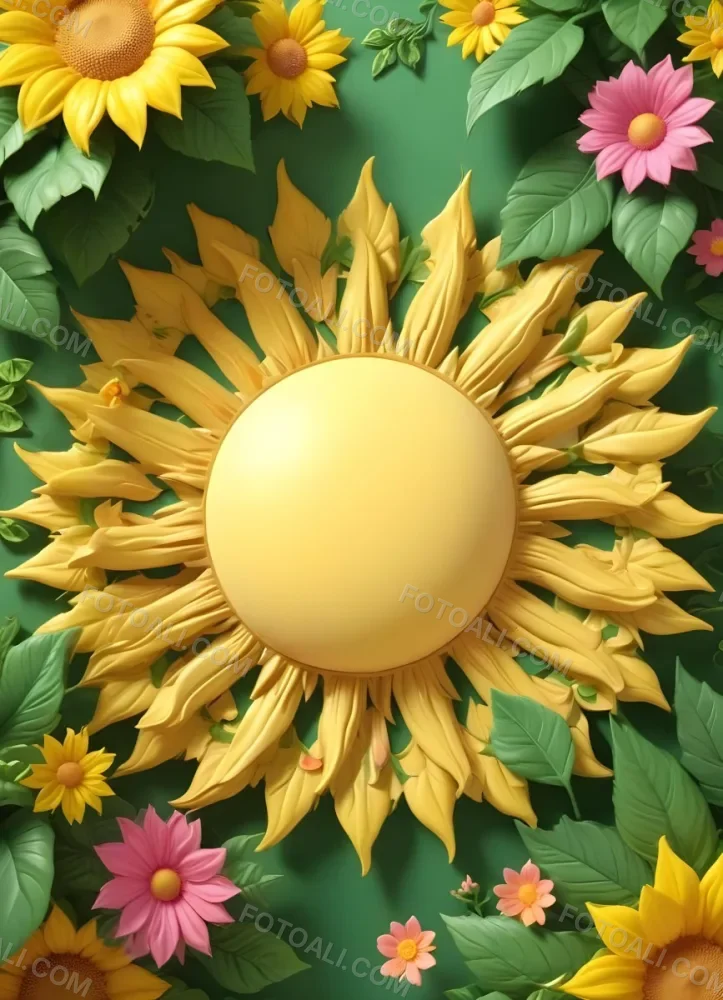 3d Model A Bright Yellow Background With A Large Sun In The Upper Center The Borders Are Adorned With Green Leaves And Pink Flowers At The Bottom Creating A Floral Frame The Center Is Empty Providing Space For Text O 48 996f
