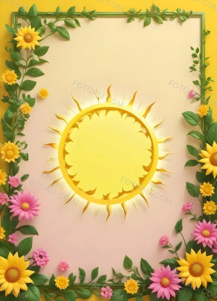 3d Model A Bright Yellow Background With A Large Sun In The Upper Center The Borders Are Adorned With Green Leaves And Pink Flowers At The Bottom Creating A Floral Frame The Center Is Empty Providing Space For Text O 49 08ec