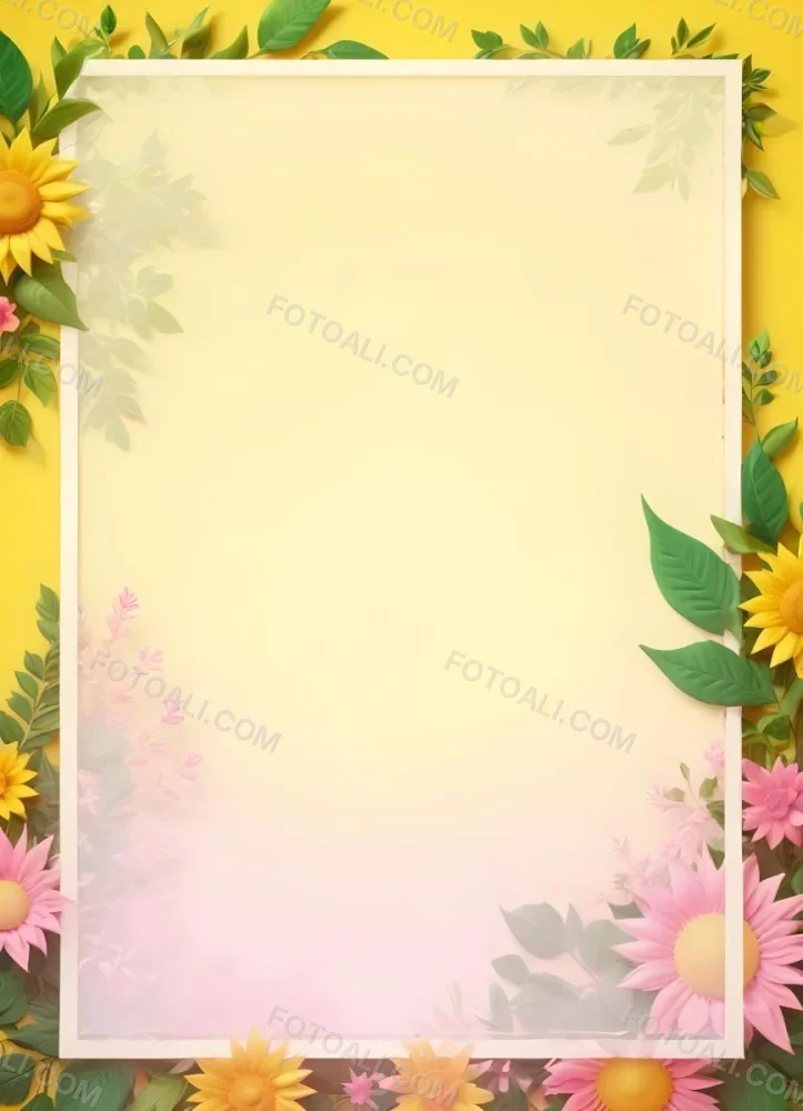 3d Model A Bright Yellow Background With A Large Sun In The Upper Center The Borders Are Adorned With Green Leaves And Pink Flowers At The Bottom Creating A Floral Frame The Center Is Empty Providing Space For Text O 6 538e