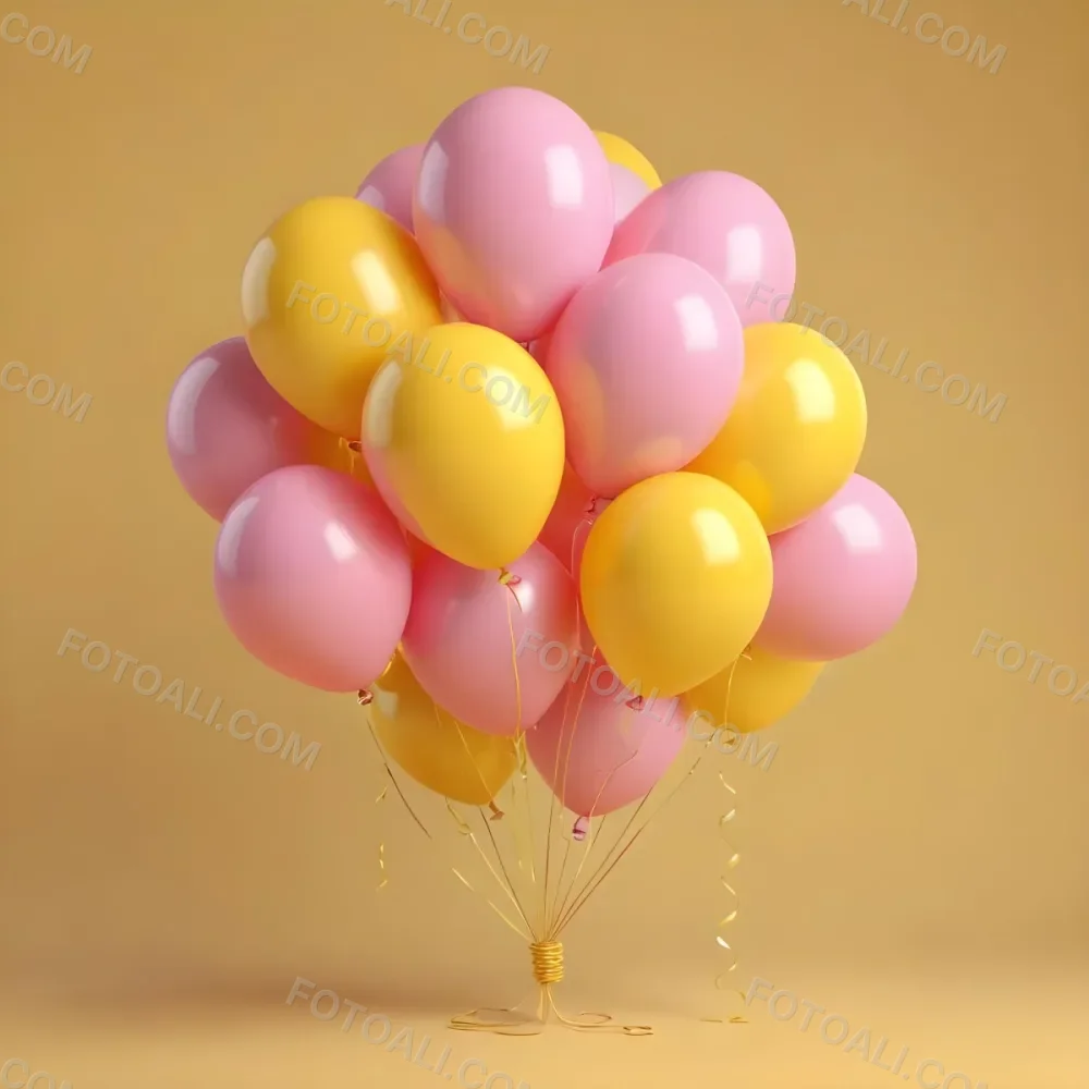 3d Model A Bunch Of Yellow And Pink Balloons Tied Together With Yellow Strings Isolated On A Yellow Background Minimalist Clean Bright Figure Octane Render Volumetric Highly Detailed Videogame Aesthetic 2 5ca2