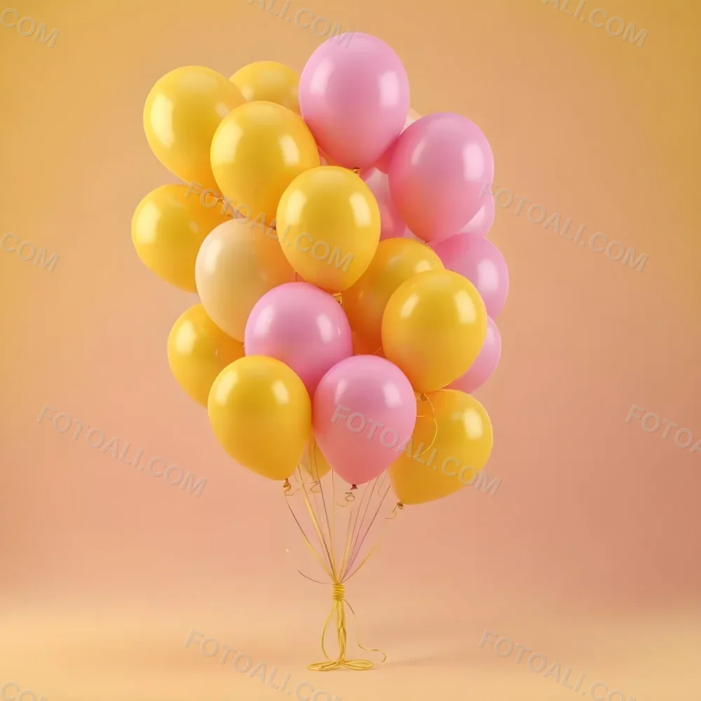 3d Model A Bunch Of Yellow And Pink Balloons Tied Together With Yellow Strings Isolated On A Yellow Background Minimalist Clean Bright Figure Octane Render Volumetric Highly Detailed Videogame Aesthetic 20 32e7