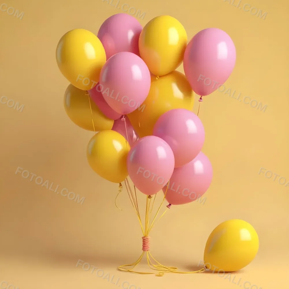 3d Model A Bunch Of Yellow And Pink Balloons Tied Together With Yellow Strings Isolated On A Yellow Background Minimalist Clean Bright Figure Octane Render Volumetric Highly Detailed Videogame Aesthetic 5 1c7c