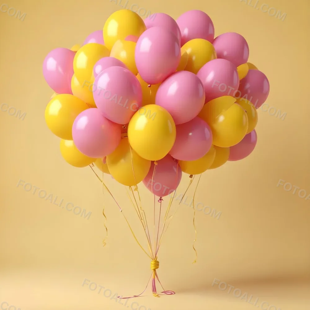 3d Model A Bunch Of Yellow And Pink Balloons Tied Together With Yellow Strings Isolated On A Yellow Background Minimalist Clean Bright Figure Octane Render Volumetric Highly Detailed Videogame Aesthetic 6 5cd5
