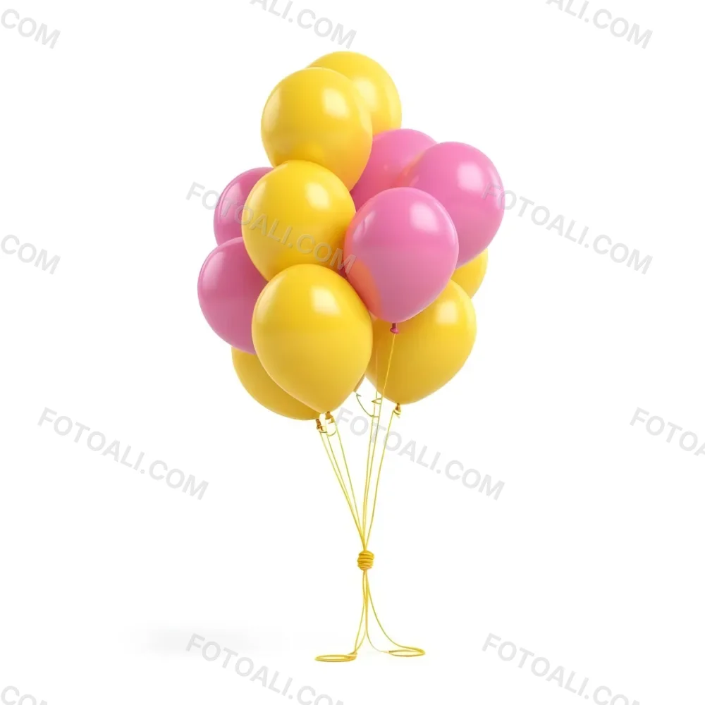 3d Model A Bunch Of Yellow And Pink Balloons Tied Together With Yellow Strings Isolated On A Yellow Background Minimalist Clean Bright Figure Octane Render Volumetric Highly Detailed Videogame Aesthetic 9 6de9