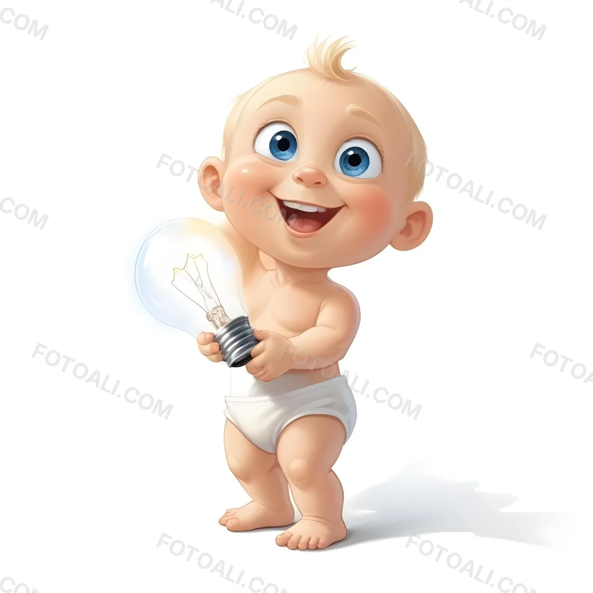 3d Model A Cartoon Baby With Light Blonde Hair And Large Blue Eyes Smiling While Holding A Light Bulb The Baby Is Wearing A Simple White Diaper And Is Set Against A Plain White Background Figure Octane Render Volum 12 40ae