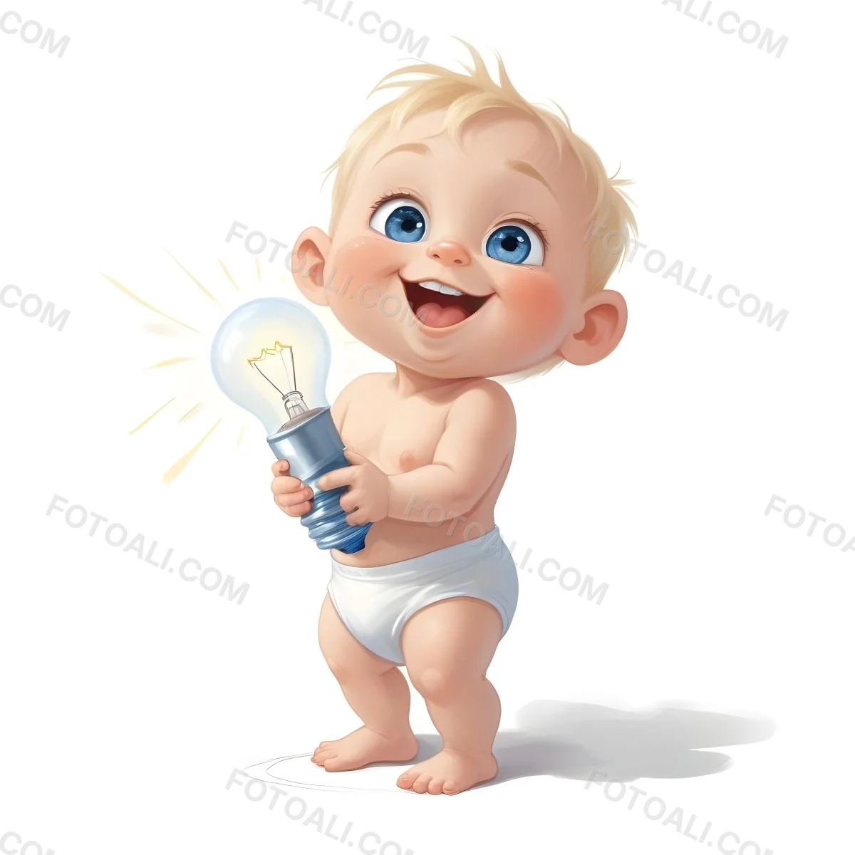 3d Model A Cartoon Baby With Light Blonde Hair And Large Blue Eyes Smiling While Holding A Light Bulb The Baby Is Wearing A Simple White Diaper And Is Set Against A Plain White Background Figure Octane Render Volum 15 D1ca
