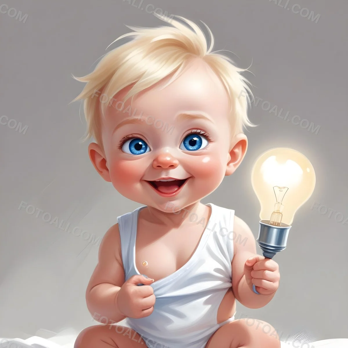 3d Model A Cartoon Baby With Light Blonde Hair And Large Blue Eyes Smiling While Holding A Light Bulb The Baby Is Wearing A Simple White Diaper And Is Set Against A Plain White Background Figure Octane Render Volum 16 8b41