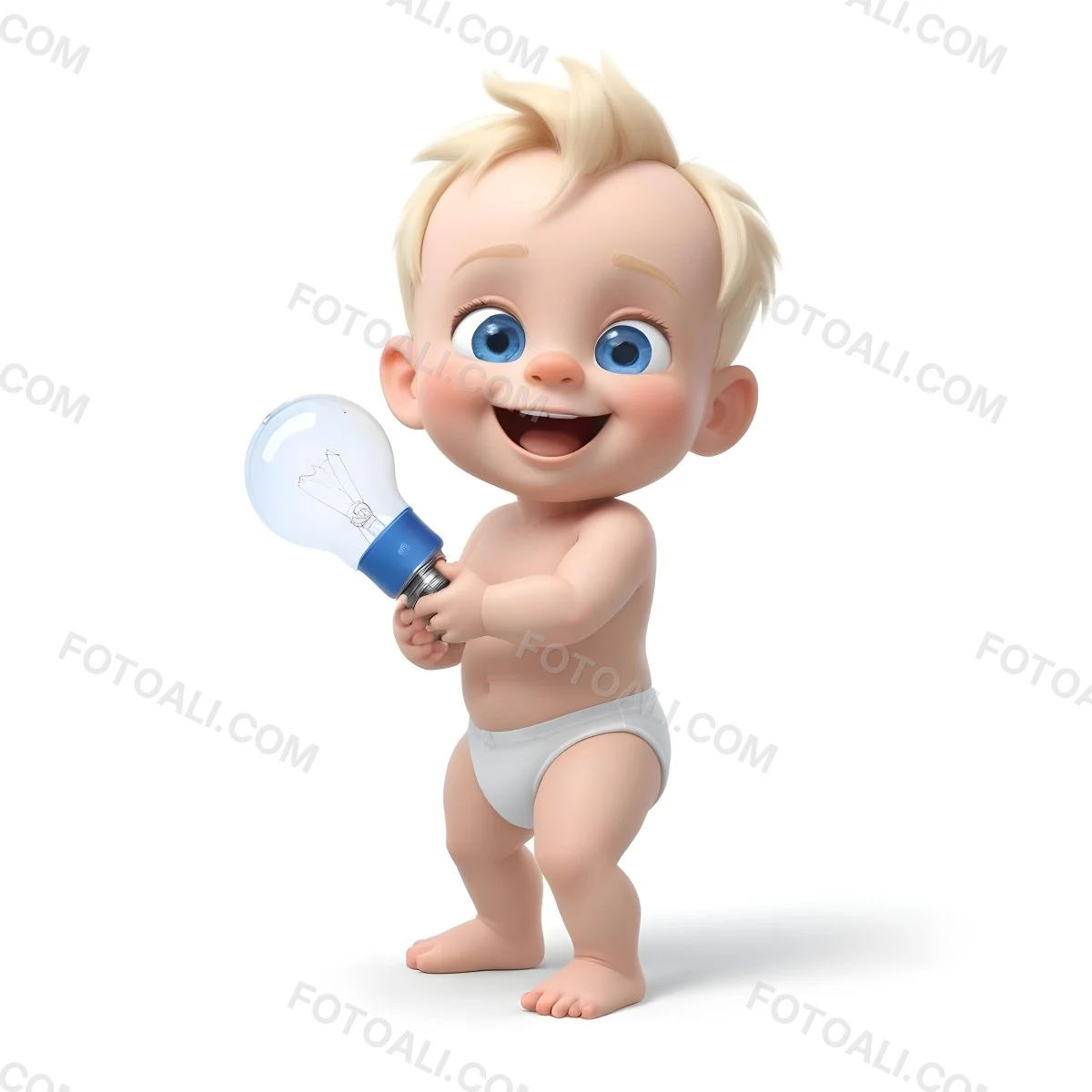 3d Model A Cartoon Baby With Light Blonde Hair And Large Blue Eyes Smiling While Holding A Light Bulb The Baby Is Wearing A Simple White Diaper And Is Set Against A Plain White Background Figure Octane Render Volum 28 18a3