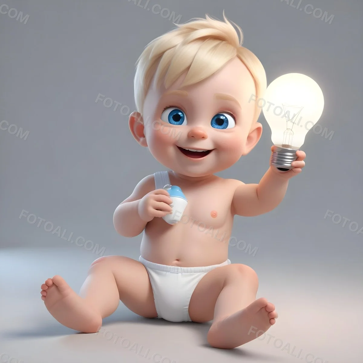 3d Model A Cartoon Baby With Light Blonde Hair And Large Blue Eyes Smiling While Holding A Light Bulb The Baby Is Wearing A Simple White Diaper And Is Set Against A Plain White Background Figure Octane Render Volum 37 1b9d