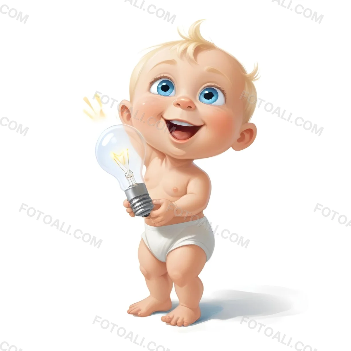 3d Model A Cartoon Baby With Light Blonde Hair And Large Blue Eyes Smiling While Holding A Light Bulb The Baby Is Wearing A Simple White Diaper And Is Set Against A Plain White Background Figure Octane Render Volum 4 95b6