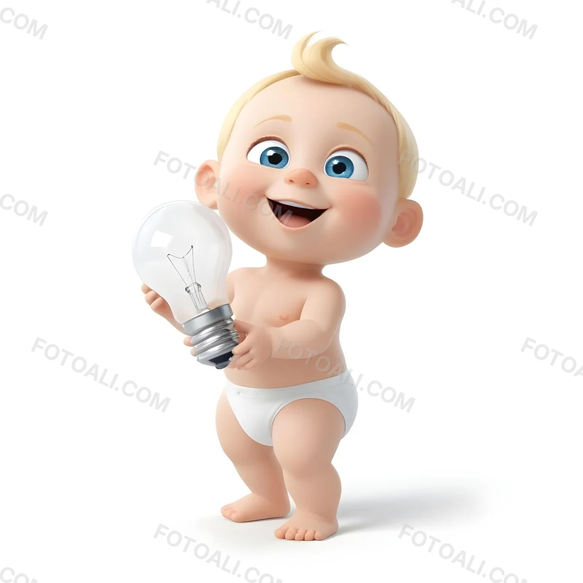 3d Model A Cartoon Baby With Light Blonde Hair And Large Blue Eyes Smiling While Holding A Light Bulb The Baby Is Wearing A Simple White Diaper And Is Set Against A Plain White Background Figure Octane Render Volum 44 B235