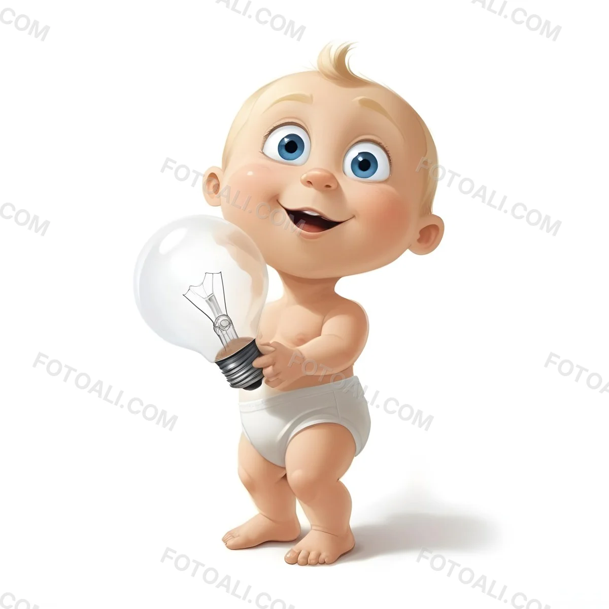 3d Model A Cartoon Baby With Light Blonde Hair And Large Blue Eyes Smiling While Holding A Light Bulb The Baby Is Wearing A Simple White Diaper And Is Set Against A Plain White Background Figure Octane Render Volum 5 362f