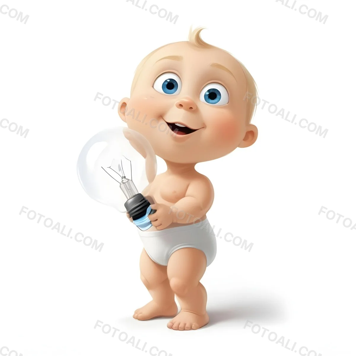 3d Model A Cartoon Baby With Light Blonde Hair And Large Blue Eyes Smiling While Holding A Light Bulb The Baby Is Wearing A Simple White Diaper And Is Set Against A Plain White Background Figure Octane Render Volum 7 44b1