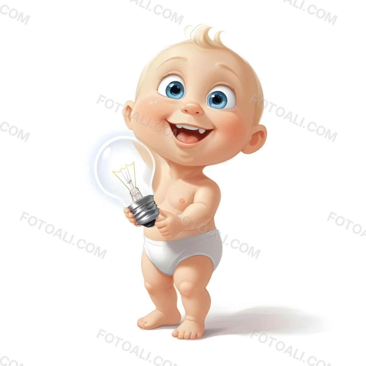 3d Model A Cartoon Baby With Light Blonde Hair And Large Blue Eyes Smiling While Holding A Light Bulb The Baby Is Wearing A Simple White Diaper And Is Set Against A Plain White Background Figure Octane Render Volum 8 Edd9