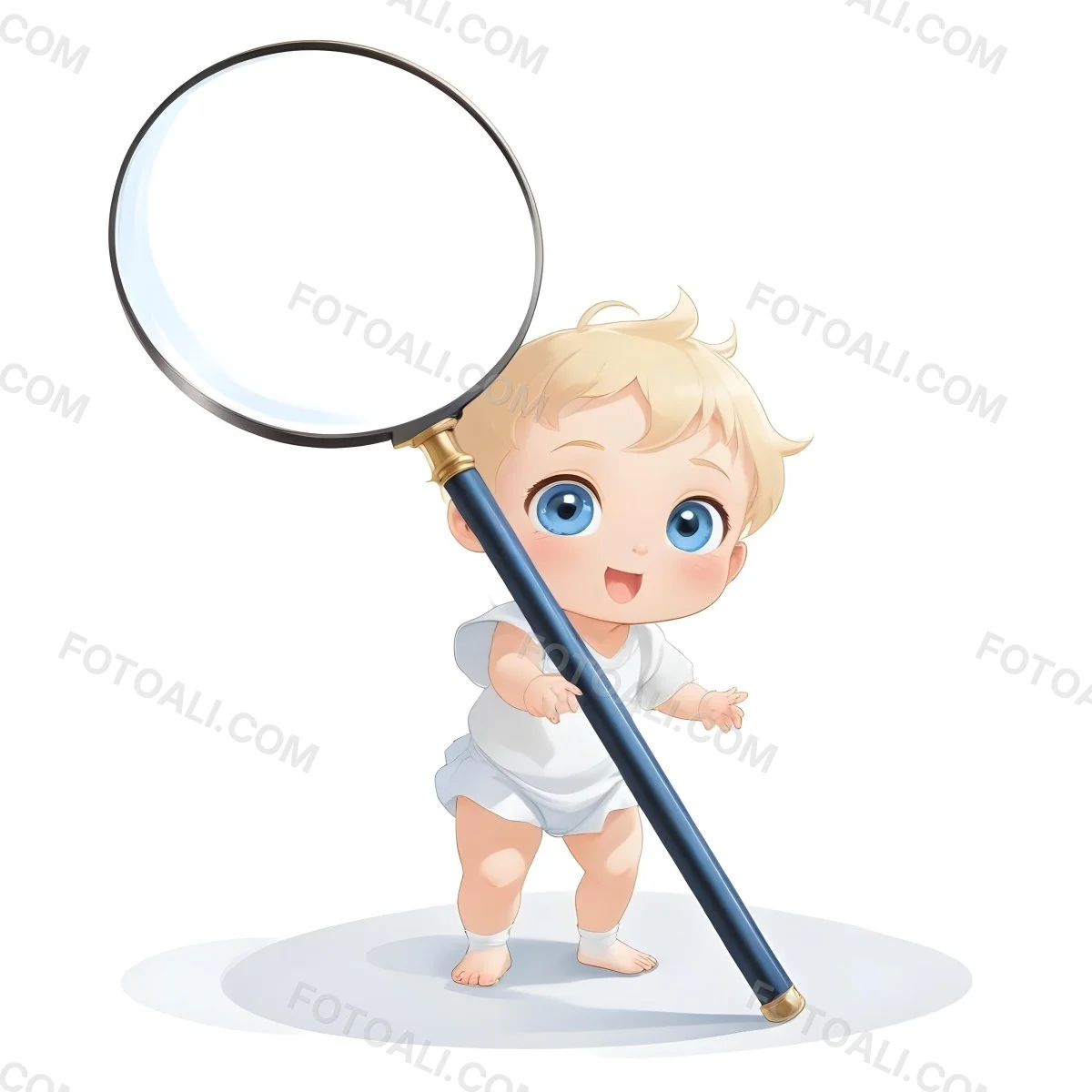 3d Model A Cartoon Baby With Light Skin And Blonde Hair Wearing A White Diaper Is Holding A Large Magnifying Glass The Baby Has Big Blue Eyes And A Cheerful Expression The Background Is Plain White Emphasizing The 1 A0fb