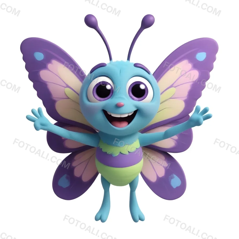 3d Model A Cartoon Butterfly Character With A Purple Body And Large Expressive Blue Eyes The Wings Are Purple With Blue And Green Accents And The Character Has A Cheerful Smile With Arms Outstretched In A Welcoming 9 9f4e