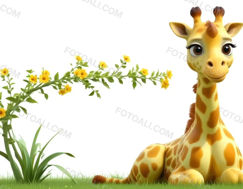 3d Model A Cartoon Giraffe With A Friendly Expression Featuring A Yellow Body With Green Spots The Giraffe Has A Long Neck And Is Sitting On Green Grass With A Small Yellow Flower Nearby The Background Is Simple And Whi 1 8328