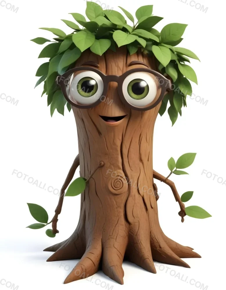 3d Model A Cartoon Tree Character With Glasses Brown Bark Texture Green Leaves On Top Expressive Face With Big Eyes In A White Background Figure Octane Render Volumetric Highly Detailed Videogame Aesthetic 1 Cedc
