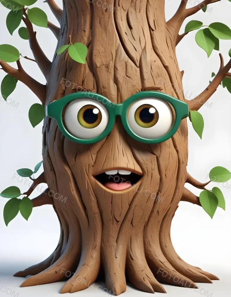 3d Model A Cartoon Tree Character With Glasses Brown Bark Texture Green Leaves On Top Expressive Face With Big Eyes In A White Background Figure Octane Render Volumetric Highly Detailed Videogame Aesthetic 11 Bad6
