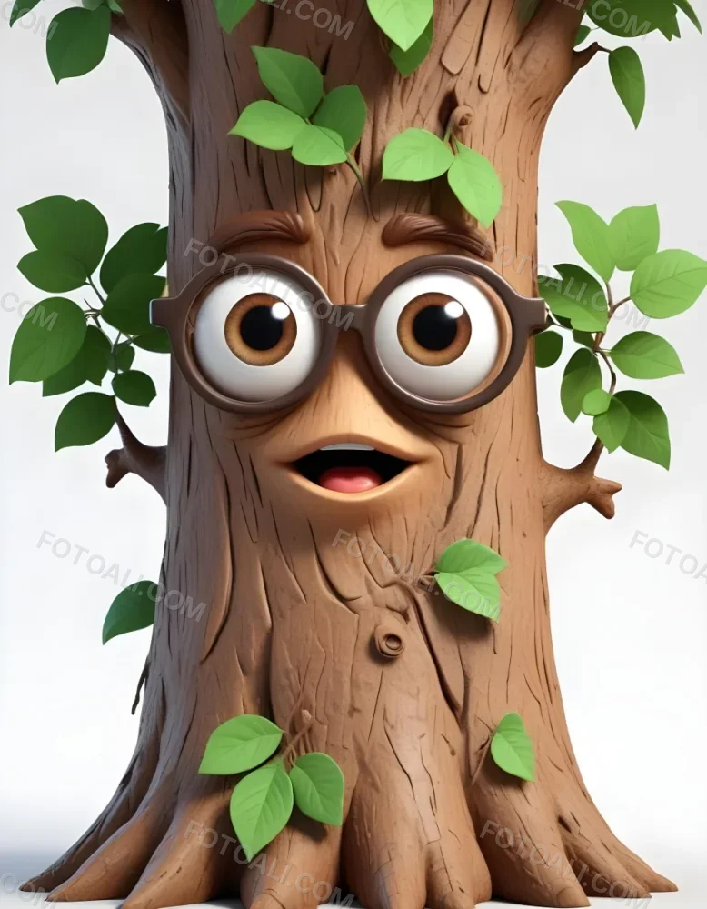3d Model A Cartoon Tree Character With Glasses Brown Bark Texture Green Leaves On Top Expressive Face With Big Eyes In A White Background Figure Octane Render Volumetric Highly Detailed Videogame Aesthetic 12 8890