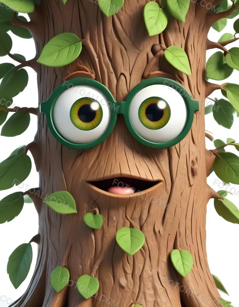 3d Model A Cartoon Tree Character With Glasses Brown Bark Texture Green Leaves On Top Expressive Face With Big Eyes In A White Background Figure Octane Render Volumetric Highly Detailed Videogame Aesthetic 13 85ff