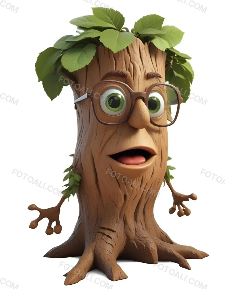 3d Model A Cartoon Tree Character With Glasses Brown Bark Texture Green Leaves On Top Expressive Face With Big Eyes In A White Background Figure Octane Render Volumetric Highly Detailed Videogame Aesthetic 14 95c6