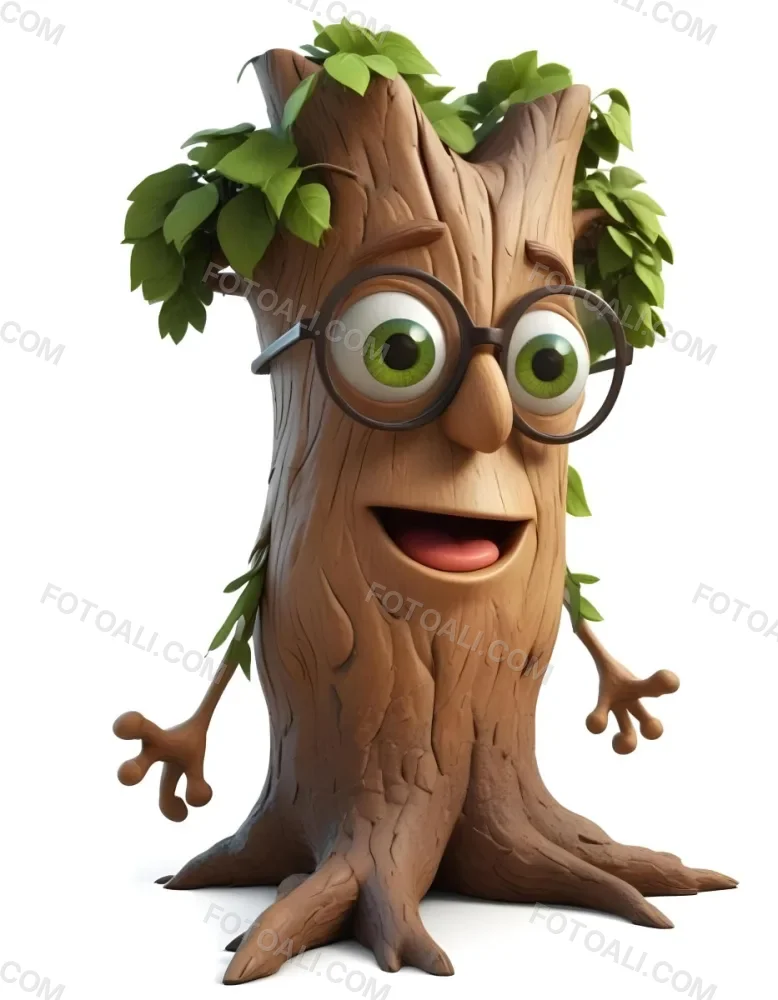 3d Model A Cartoon Tree Character With Glasses Brown Bark Texture Green Leaves On Top Expressive Face With Big Eyes In A White Background Figure Octane Render Volumetric Highly Detailed Videogame Aesthetic 15 Eb2d