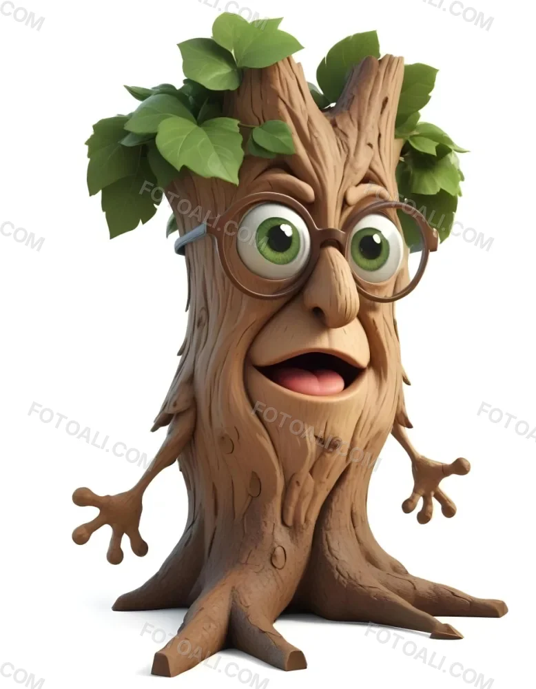 3d Model A Cartoon Tree Character With Glasses Brown Bark Texture Green Leaves On Top Expressive Face With Big Eyes In A White Background Figure Octane Render Volumetric Highly Detailed Videogame Aesthetic 16 3a55