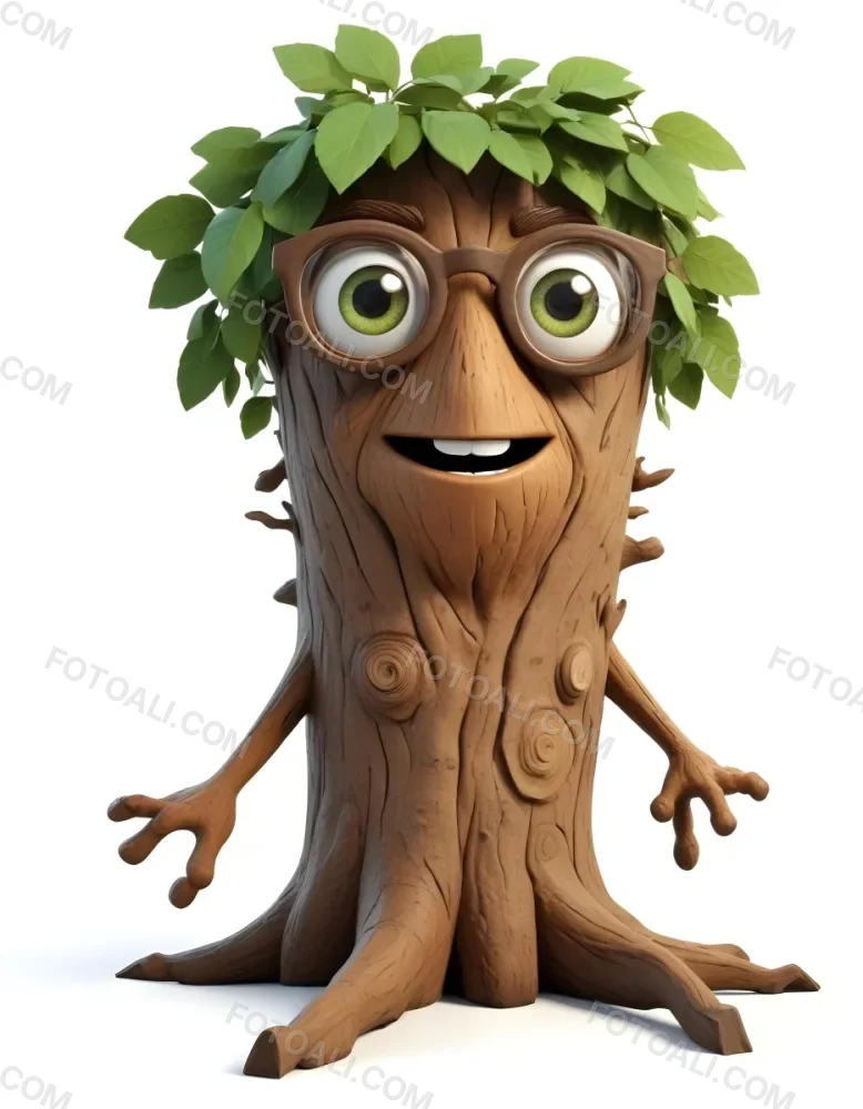 3d Model A Cartoon Tree Character With Glasses Brown Bark Texture Green Leaves On Top Expressive Face With Big Eyes In A White Background Figure Octane Render Volumetric Highly Detailed Videogame Aesthetic 4 32ca