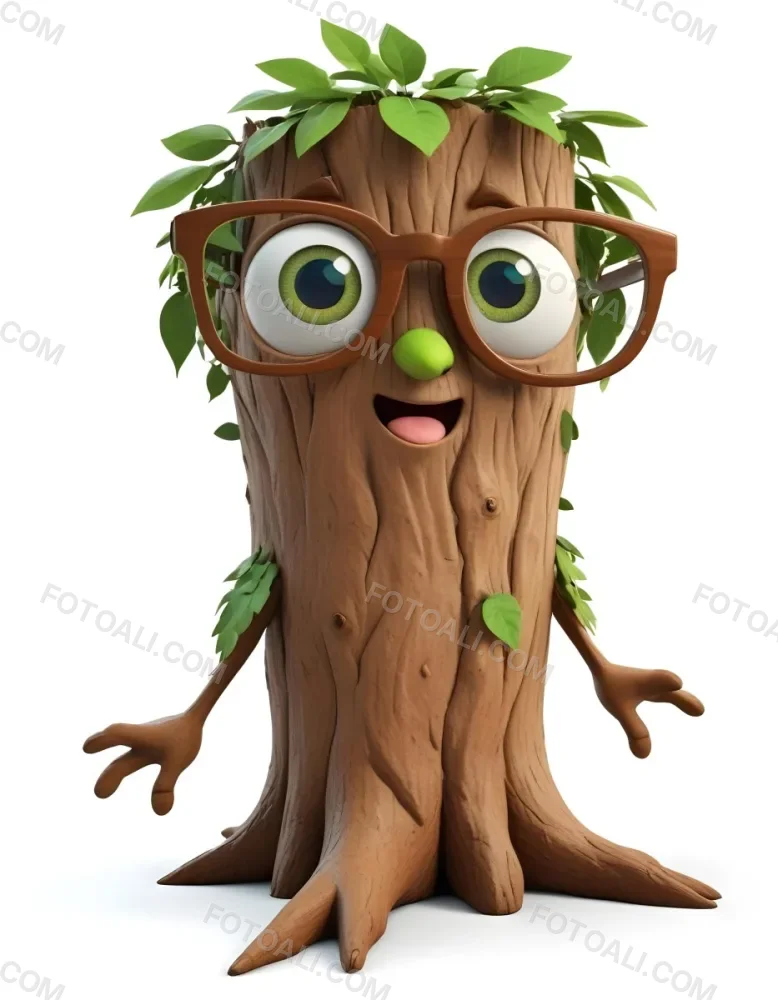3d Model A Cartoon Tree Character With Glasses Brown Bark Texture Green Leaves On Top Expressive Face With Big Eyes In A White Background Figure Octane Render Volumetric Highly Detailed Videogame Aesthetic 5 C39f