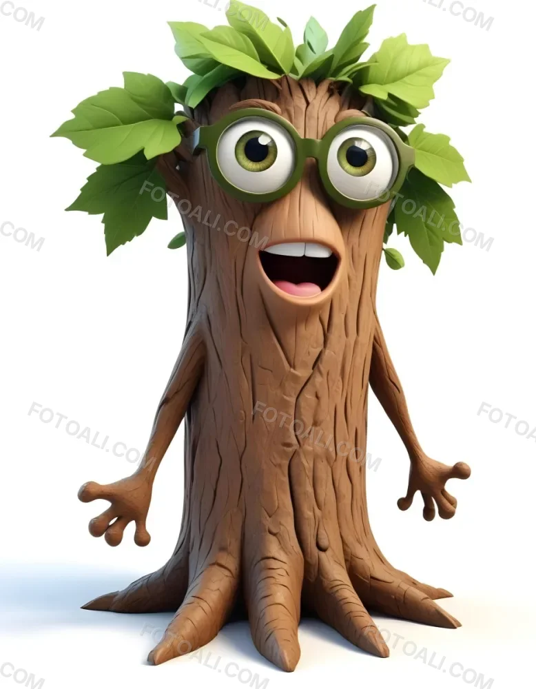 3d Model A Cartoon Tree Character With Glasses Brown Bark Texture Green Leaves On Top Expressive Face With Big Eyes In A White Background Figure Octane Render Volumetric Highly Detailed Videogame Aesthetic 8 3d91