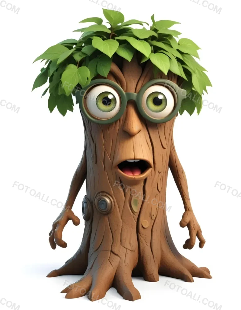 3d Model A Cartoon Tree Character With Glasses Brown Bark Texture Green Leaves On Top Expressive Face With Big Eyes In A White Background Figure Octane Render Volumetric Highly Detailed Videogame Aesthetic 9 Eb21