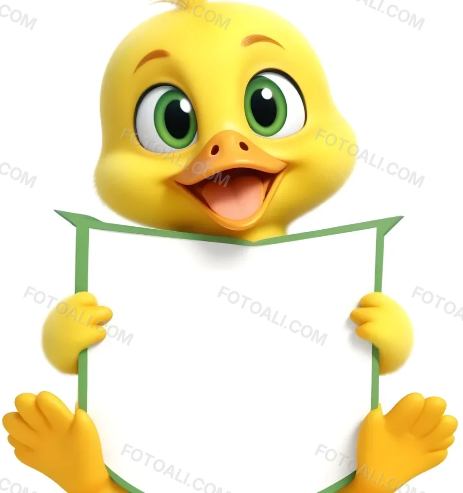 3d Model A Cartoon Yellow Duckling With Large Green Eyes And A Big Smile Holding A Blank Yellow Sign With Both Hands The Duckling Has A Round Head And Small Wings With Its Feet Visible At The Bottom The Background Is 10 B00b