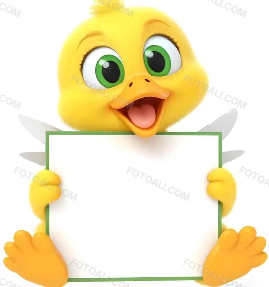 3d Model A Cartoon Yellow Duckling With Large Green Eyes And A Big Smile Holding A Blank Yellow Sign With Both Hands The Duckling Has A Round Head And Small Wings With Its Feet Visible At The Bottom The Background Is 12 6173