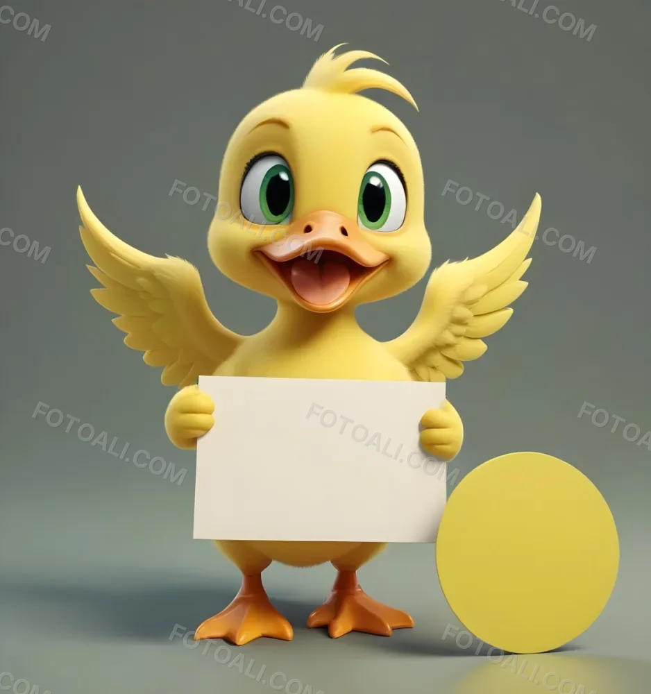3d Model A Cartoon Yellow Duckling With Large Green Eyes And A Big Smile Holding A Blank Yellow Sign With Both Hands The Duckling Has A Round Head And Small Wings With Its Feet Visible At The Bottom The Background Is 15 89c7