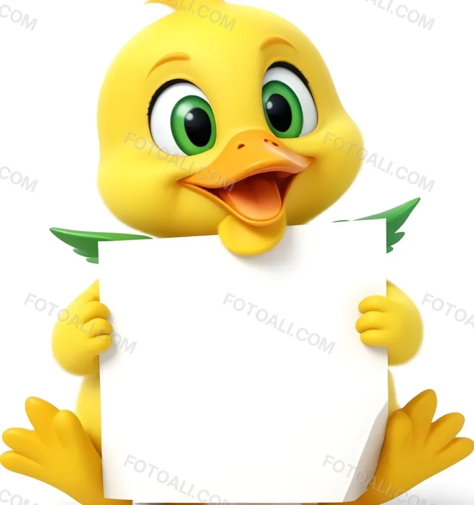 3d Model A Cartoon Yellow Duckling With Large Green Eyes And A Big Smile Holding A Blank Yellow Sign With Both Hands The Duckling Has A Round Head And Small Wings With Its Feet Visible At The Bottom The Background Is 16 7b78