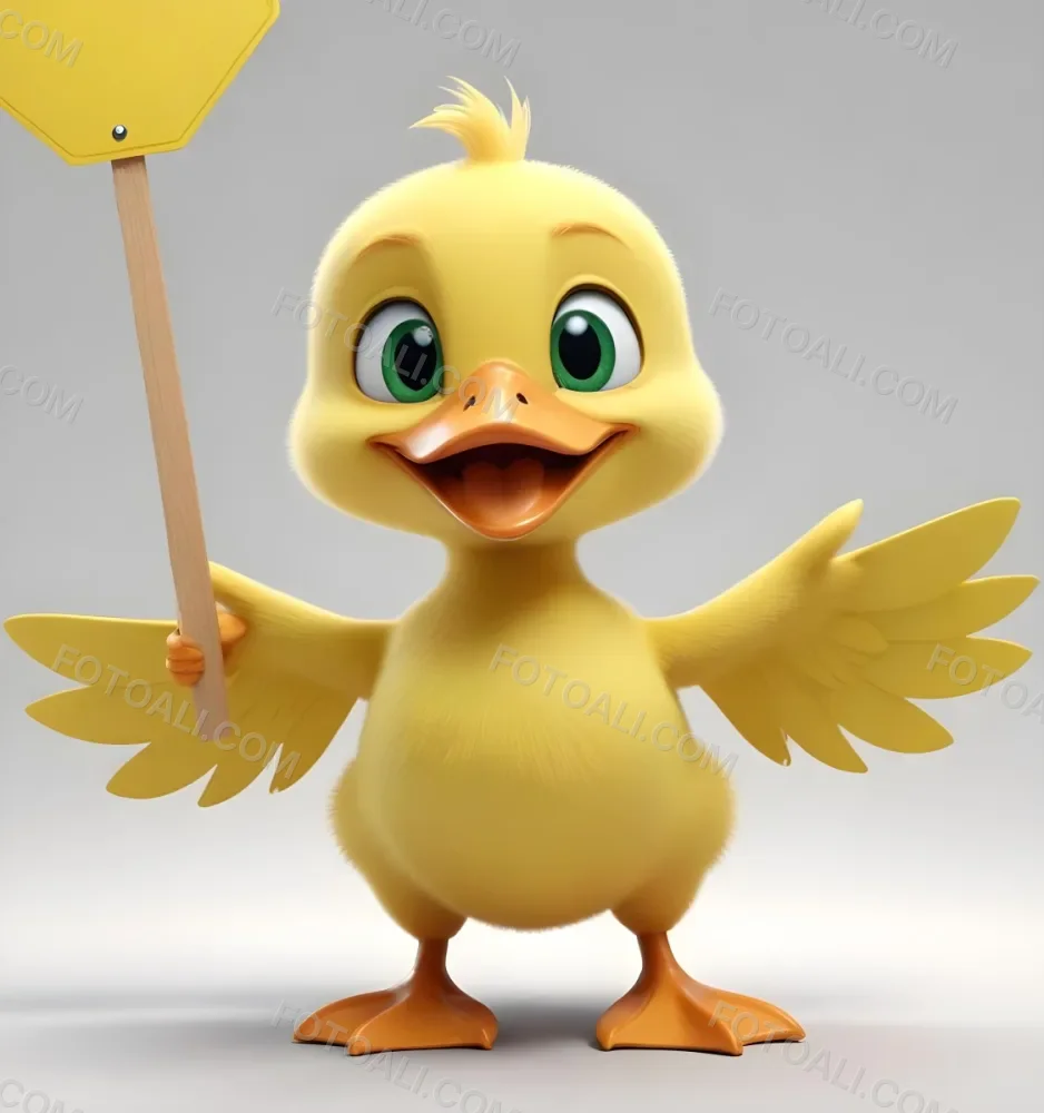 3d Model A Cartoon Yellow Duckling With Large Green Eyes And A Big Smile Holding A Blank Yellow Sign With Both Hands The Duckling Has A Round Head And Small Wings With Its Feet Visible At The Bottom The Background Is 17 7ebe