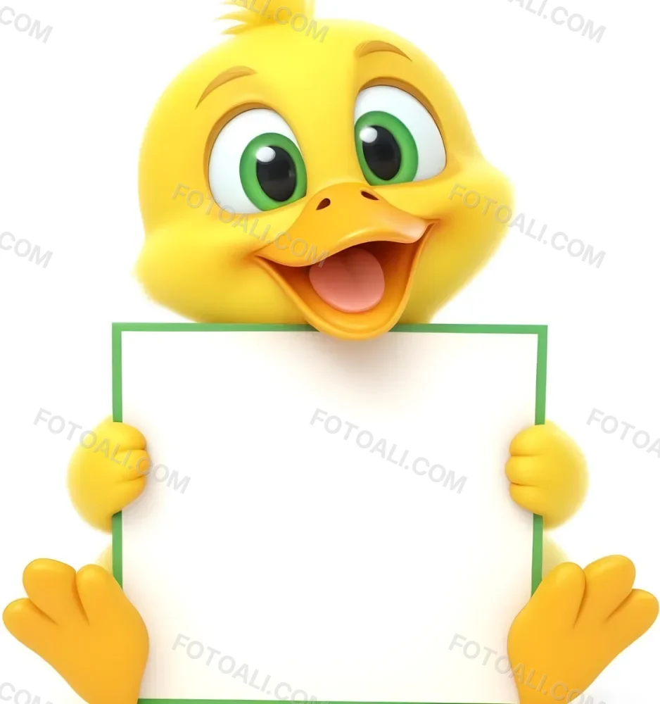 3d Model A Cartoon Yellow Duckling With Large Green Eyes And A Big Smile Holding A Blank Yellow Sign With Both Hands The Duckling Has A Round Head And Small Wings With Its Feet Visible At The Bottom The Background Is 20 8692