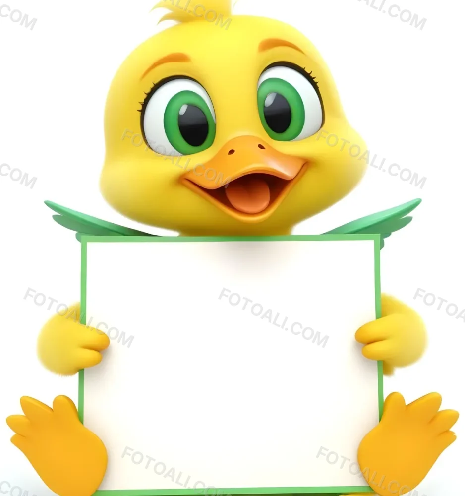 3d Model A Cartoon Yellow Duckling With Large Green Eyes And A Big Smile Holding A Blank Yellow Sign With Both Hands The Duckling Has A Round Head And Small Wings With Its Feet Visible At The Bottom The Background Is 21 E39d