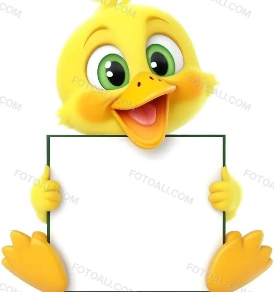 3d Model A Cartoon Yellow Duckling With Large Green Eyes And A Big Smile Holding A Blank Yellow Sign With Both Hands The Duckling Has A Round Head And Small Wings With Its Feet Visible At The Bottom The Background Is 22 D06a