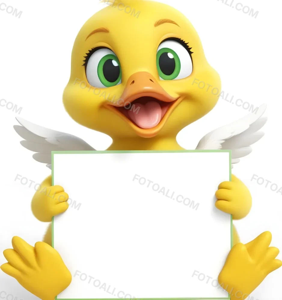 3d Model A Cartoon Yellow Duckling With Large Green Eyes And A Big Smile Holding A Blank Yellow Sign With Both Hands The Duckling Has A Round Head And Small Wings With Its Feet Visible At The Bottom The Background Is 23 A7df