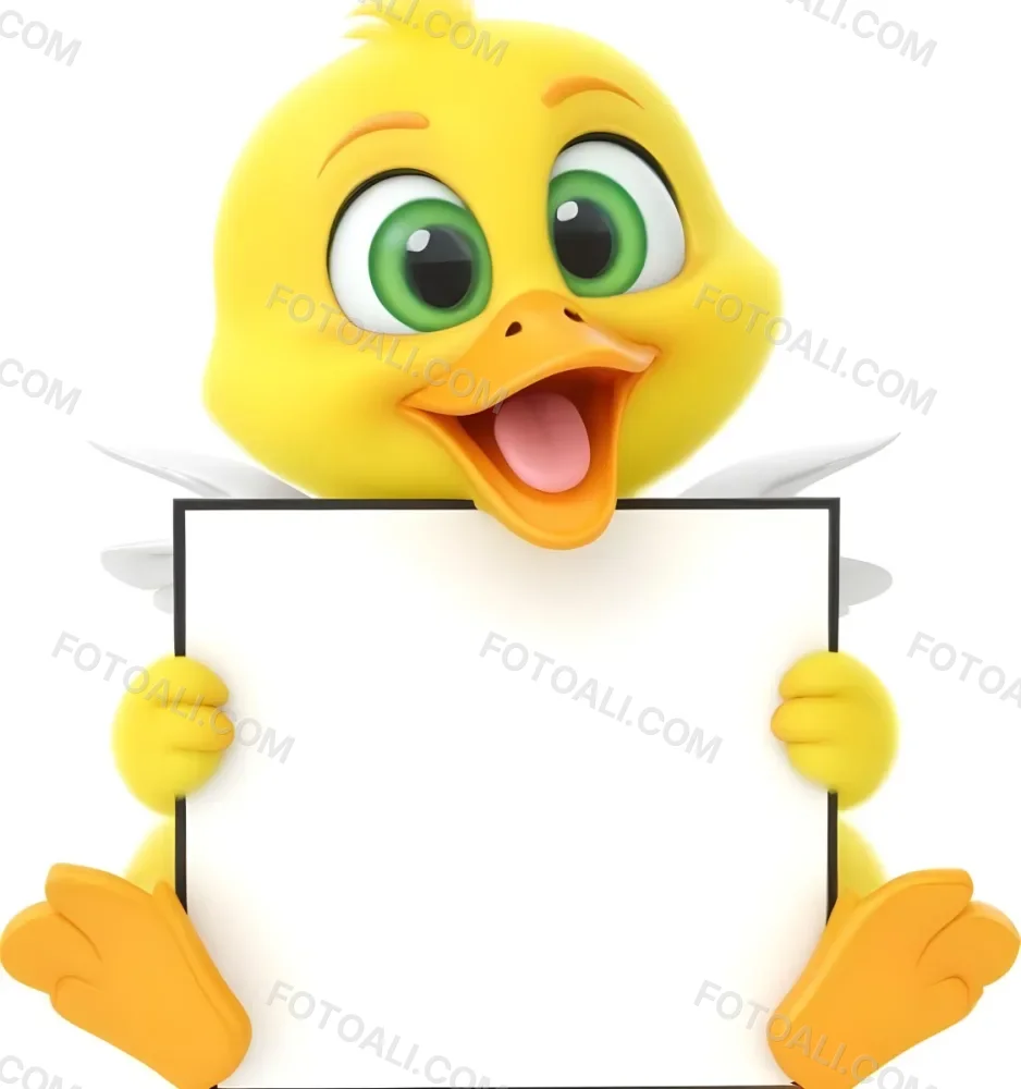 3d Model A Cartoon Yellow Duckling With Large Green Eyes And A Big Smile Holding A Blank Yellow Sign With Both Hands The Duckling Has A Round Head And Small Wings With Its Feet Visible At The Bottom The Background Is 24 F221