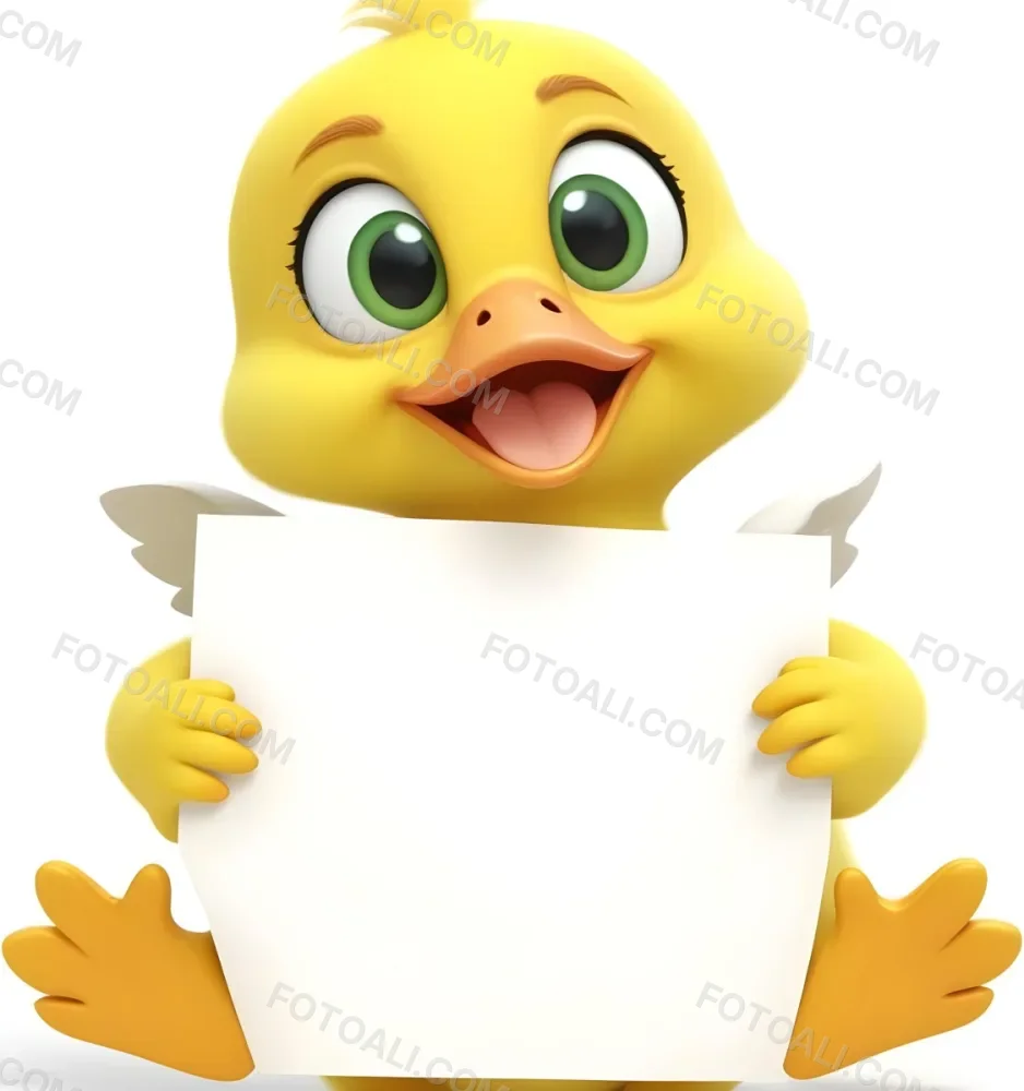 3d Model A Cartoon Yellow Duckling With Large Green Eyes And A Big Smile Holding A Blank Yellow Sign With Both Hands The Duckling Has A Round Head And Small Wings With Its Feet Visible At The Bottom The Background Is 25 Fd70