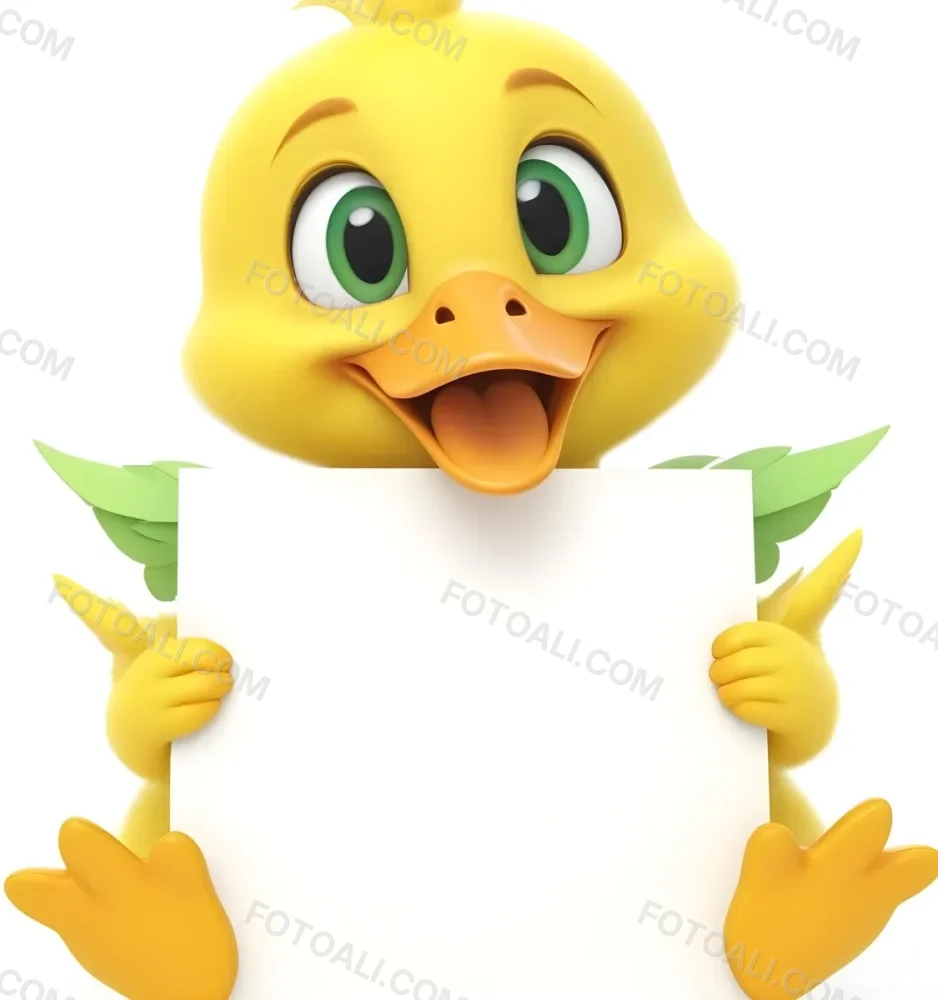 3d Model A Cartoon Yellow Duckling With Large Green Eyes And A Big Smile Holding A Blank Yellow Sign With Both Hands The Duckling Has A Round Head And Small Wings With Its Feet Visible At The Bottom The Background Is 4 B0ef