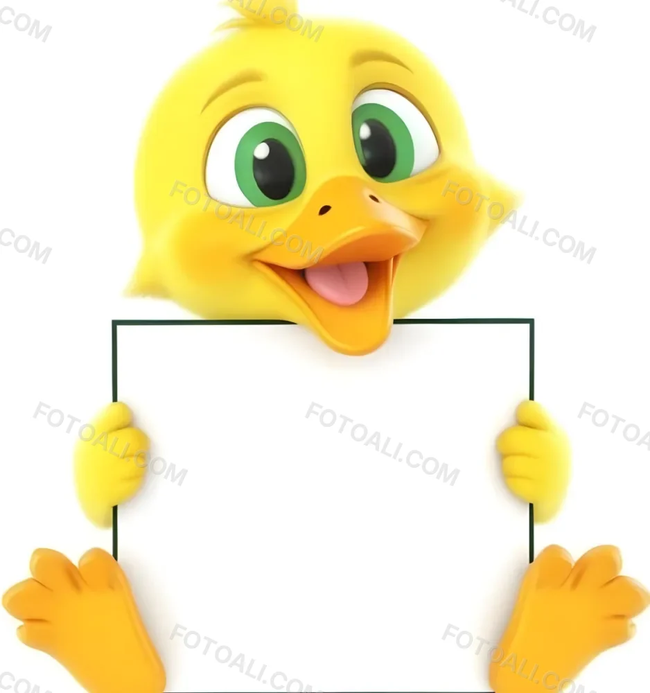 3d Model A Cartoon Yellow Duckling With Large Green Eyes And A Big Smile Holding A Blank Yellow Sign With Both Hands The Duckling Has A Round Head And Small Wings With Its Feet Visible At The Bottom The Background Is 5 4855