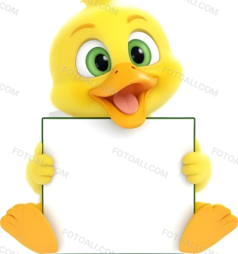 3d Model A Cartoon Yellow Duckling With Large Green Eyes And A Big Smile Holding A Blank Yellow Sign With Both Hands The Duckling Has A Round Head And Small Wings With Its Feet Visible At The Bottom The Background Is 6 753c