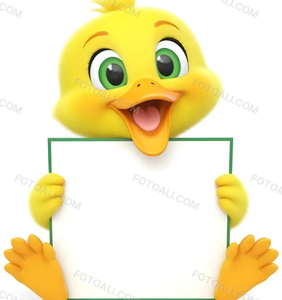 3d Model A Cartoon Yellow Duckling With Large Green Eyes And A Big Smile Holding A Blank Yellow Sign With Both Hands The Duckling Has A Round Head And Small Wings With Its Feet Visible At The Bottom The Background Is 7 5ebb