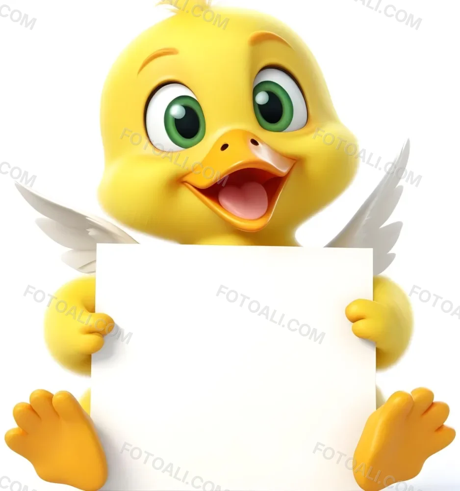 3d Model A Cartoon Yellow Duckling With Large Green Eyes And A Big Smile Holding A Blank Yellow Sign With Both Hands The Duckling Has A Round Head And Small Wings With Its Feet Visible At The Bottom The Background Is 8 52f4